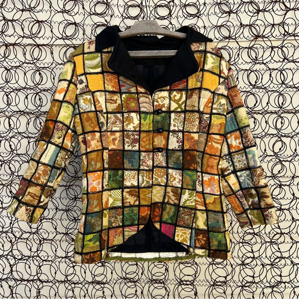 Vintage Tapestry Upholstery Patchwork Stained Glass Mosaic Floral Quilt Blazer